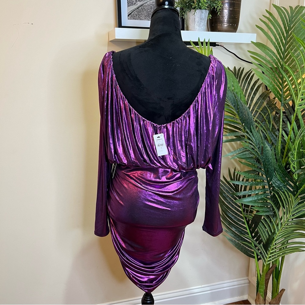 Express Metallic Purple V-Neck Long Sleeve Ruched Mini Sheath Dress Medium - Picture 9 of 9
